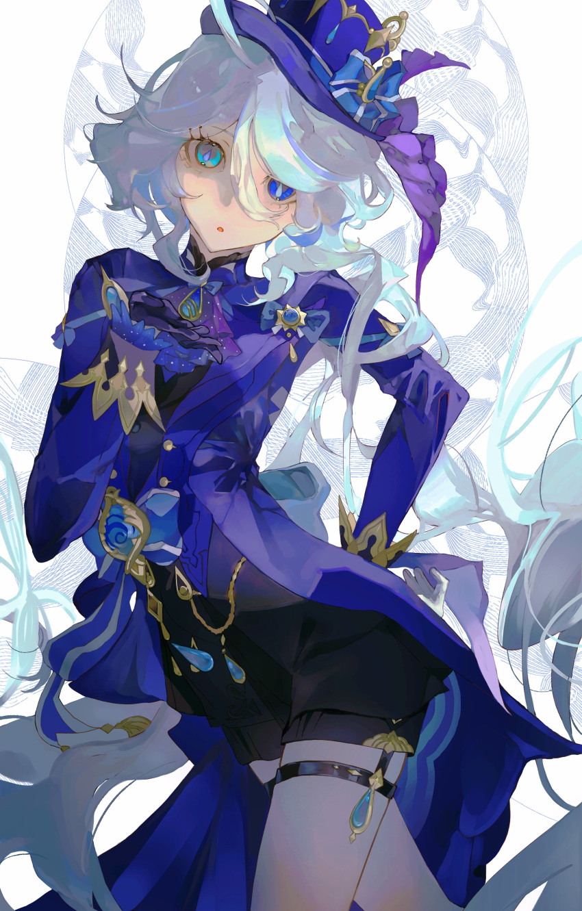 1girl, absurdres, ahoge, ascot, blue_eyes, blue_hair, blue_hat, blue_jacket, drop-shaped_pupils, furina_(genshin_impact), genshin_impact, gloves, hair_between_eyes, hashtag-only_commentary, hat, heterochromia, highres, jacket, long_hair, long_sleeves, looking_at_viewer, multicolored_hair, parted_lips, shru_(ss_sl99), solo, streaked_hair, symbol-shaped_pupils, thigh_strap, top_hat, white_background, white_hair