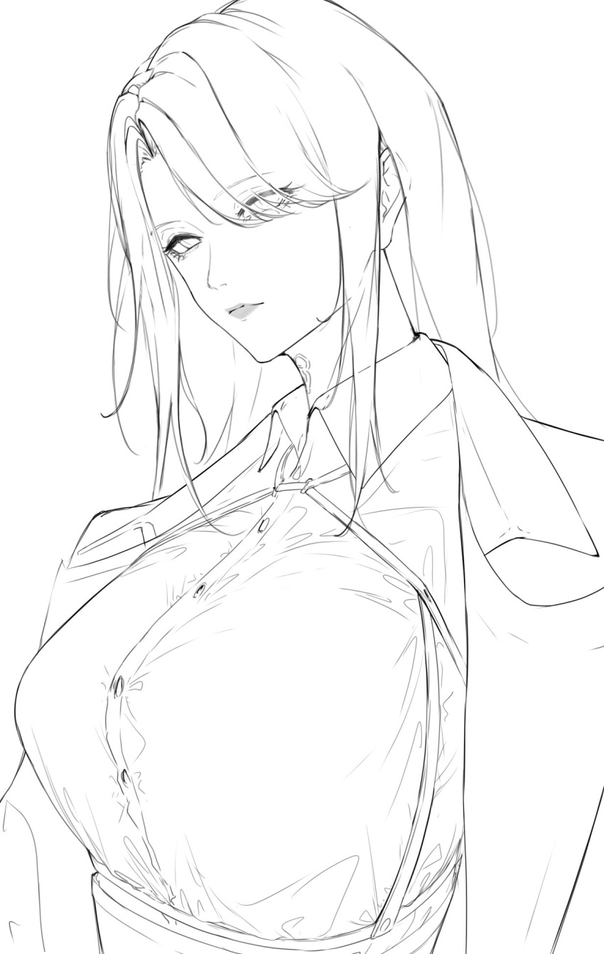 1girl, asymmetrical_bangs, body_markings, chest_harness, coat, collared_shirt, commentary_request, dress_shirt, expressionless, eyes_visible_through_hair, greyscale, hair_over_one_eye, harness, highres, hilda_(path_to_nowhere), jagan_(maximum_jagan), long_hair, looking_at_viewer, monochrome, open_clothes, open_coat, path_to_nowhere, shirt, sideways_glance, simple_background, solo, underbust
