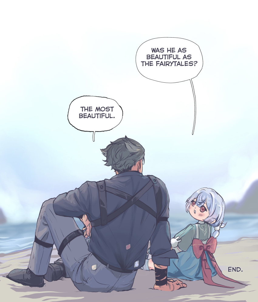 1boy, 1girl, absurdres, arm_on_knee, arm_support, bandaged_arm, bandages, beach, black_bandages, blush, bow, bowtie, character_request, commentary, english_commentary, english_text, from_behind, genshin_impact, grey_hair, grey_pants, highres, knee_up, looking_at_another, naya_(onaxart), ocean, on_ground, pants, sand, scar, scar_on_arm, short_hair, sitting, speech_bubble, talking, wriothesley_(genshin_impact)