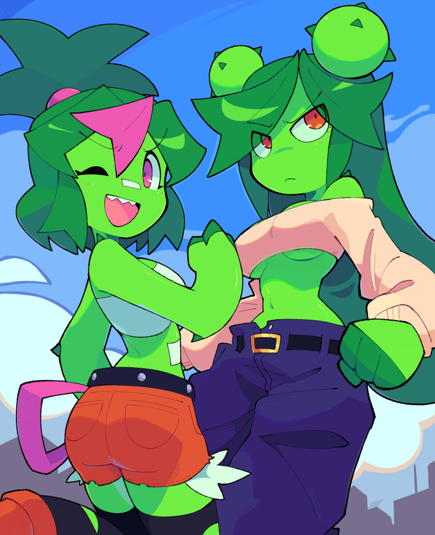 2girls, absurdres, bacun, baggy_pants, big_hair, cactus, cactus_girl, city, claws, colored_skin, green_hair, green_skin, highres, june_(bacun), monster_girl, multiple_girls, original, pants, plant_girl, plant_hair, rebutia_(bacun), siblings, sisters, thorns, y2k_fashion