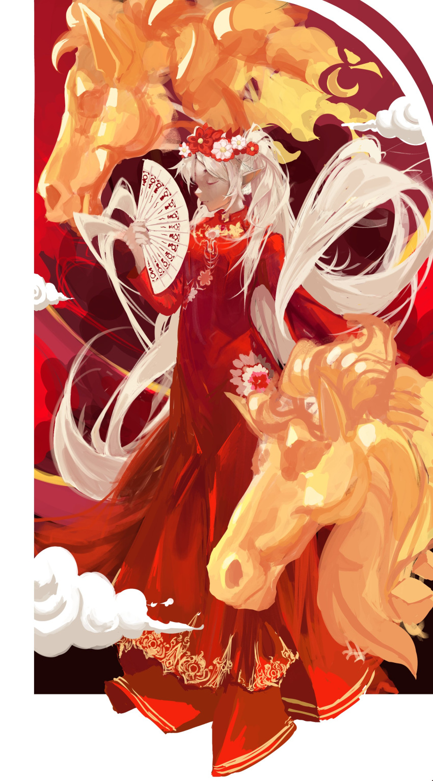 1girl, absurdres, chinese_clothes, chinese_zodiac, closed_eyes, clouds, commentary, dragon