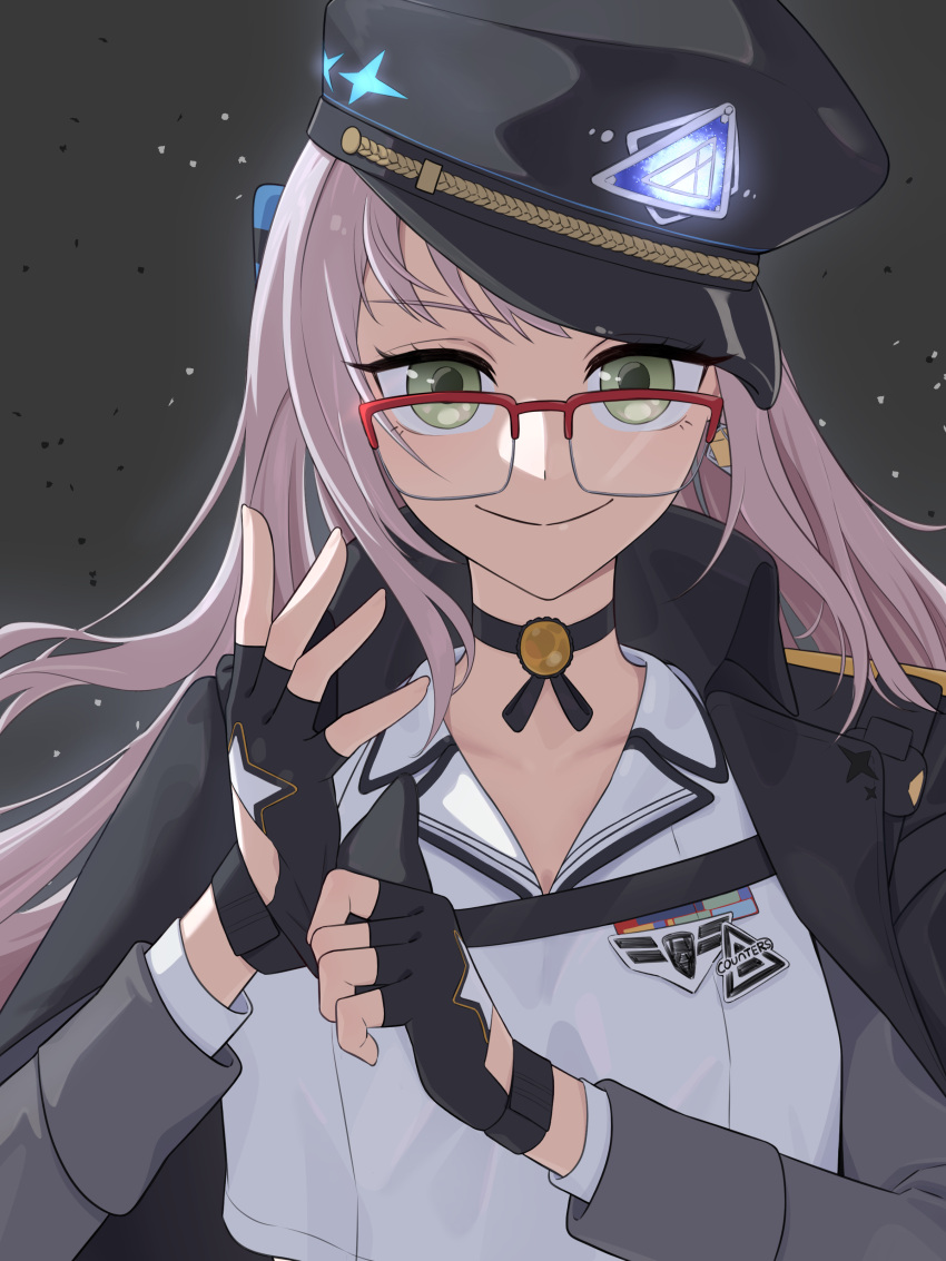 1girl, absurdres, black_choker, black_coat, black_hat, choker, coat, coat_on_shoulders