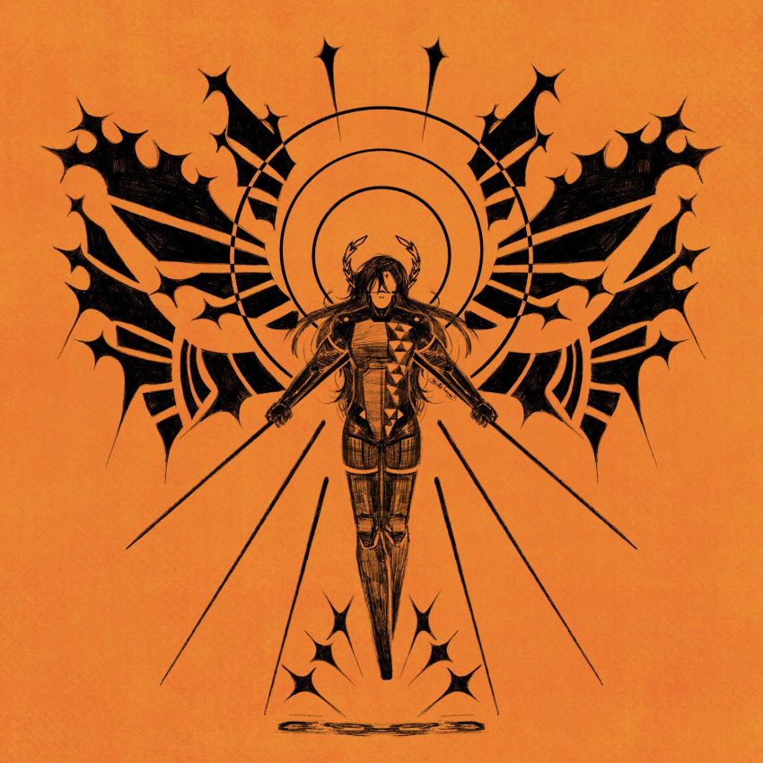 1girl, aktana, album_cover_redraw, black_hair, commentary, derivative_work, english_commentary, falke_(signalis), full_body, halo, highres, holding, holding_polearm, holding_weapon, laurel_crown, limited_palette, long_hair, mechanical_legs, orange_background, polearm, robot_girl, signalis, simple_background, solo, sparkle, ultrakill, weapon