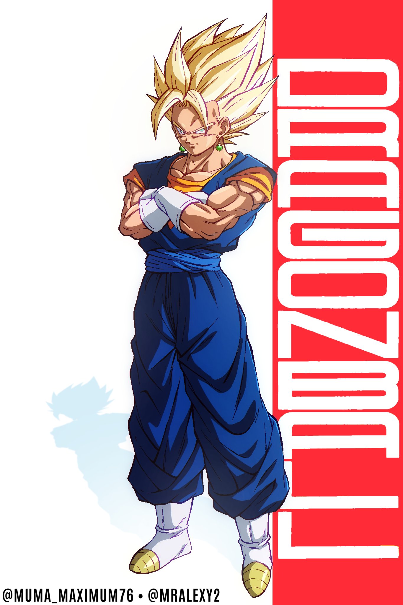 1boy, artist_collaboration, blonde_hair, blue_pants, blue_sash, blue_shirt, boots, copyright_name, dougi, dragon_ball, dragon_ball_z, earrings, full_body, gloves, green_eyes, highres, jewelry, mralexy2, muma_maximum76, muscular, muscular_male, orange_shirt, pants, potara_earrings, sash, shirt, simple_background, solo, spiky_hair, super_saiyan, super_saiyan_1, vegetto, white_background, white_boots, white_gloves