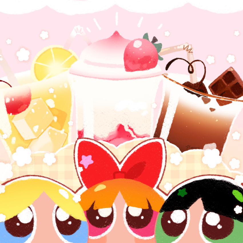 3girls, black_hair, blonde_hair, blossom_cookie, blue_eyes, bow, bubbles_cookie, buttercup_cookie, chocolate, cookie_run, cookie_run:_ovenbreak, drink, food, fruit, green_eyes, hair_bow, highres, lemon, lemon_slice, multiple_girls, orange_hair, pink_eyes, powerpuff_girls, strawberry, yummybunny777