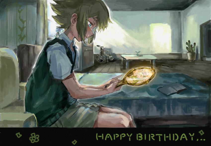 1boy, basil's_grandma_(omori), basil_(faraway)_(omori), basil_(omori), blonde_hair, blue_eyes, book, brown_shorts