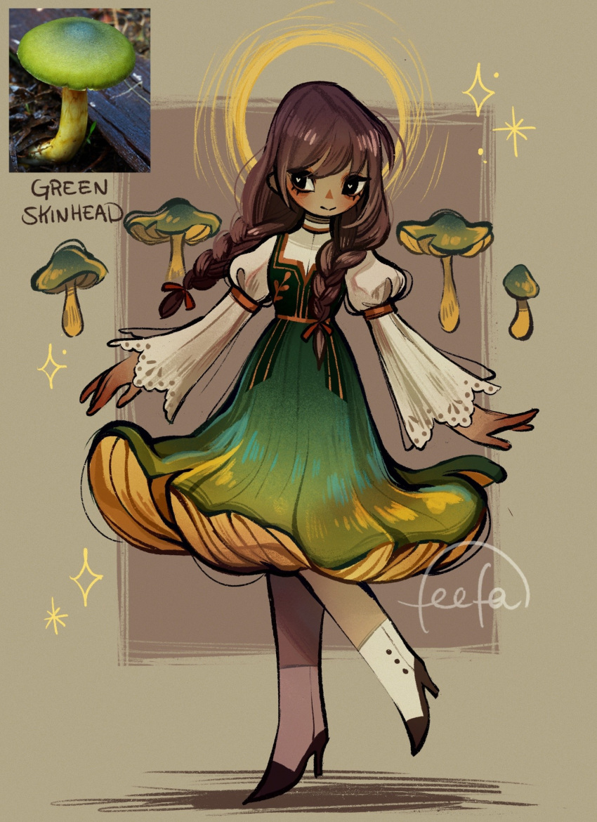 1girl, dress, english_text, feefal, full_body, funguary, highres, long_hair, mushroom, mushroom_girl, object_and_personification, original, personification, photo_inset, procreate_(medium), reference_inset, signature, smile, solo
