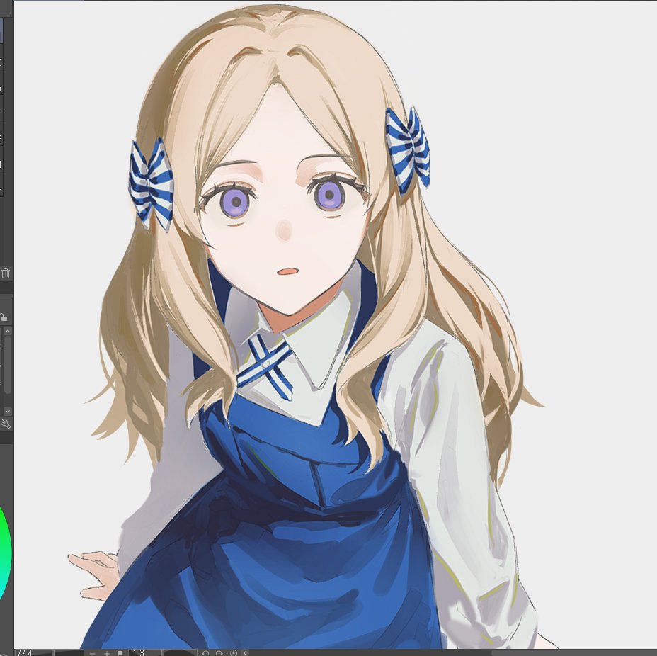 1girl, art_program_in_frame, blonde_hair, blue_bow, blue_overalls, bow, collared_shirt, double-parted_hair