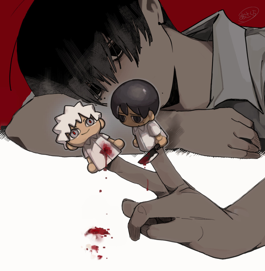 1boy, asakura_(asakuraren01), black_hair, bleeding, blood, character_doll, character_puppet, collared_shirt
