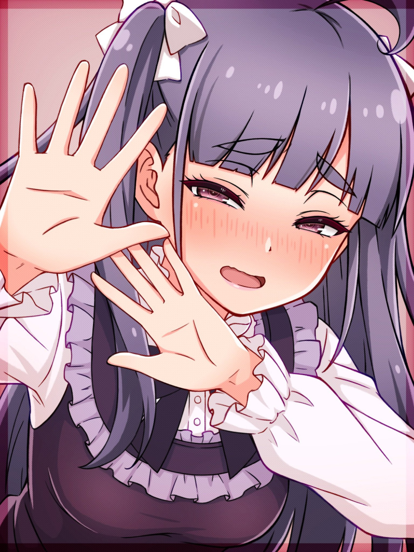 1girl, ahoge, blunt_bangs, blush, bow, breasts, chofu_noriko, commentary_request