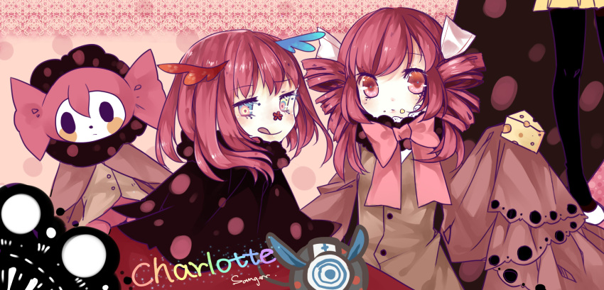 bow, charlotte_(madoka_magica), cheese, drill_hair, dual_persona, glowing, glowing_eyes, hair_ribbon, hei_tao, highres, mahou_shoujo_madoka_magica, multicolored_eyes, multiple_persona, pantyhose, personification, pleated_skirt, pyotr_(madoka_magica), red_eyes, red_hair, redhead, ribbon, skirt, sleeves_past_wrists, tomoe_mami, tongue, twin_drills