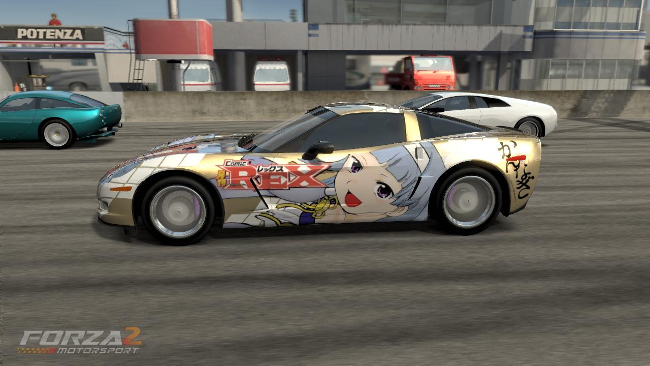 1girl, 3d, blue_hair, car, character_request, chevrolet, chevrolet_corvette, english, forza_motorsport_2, headband, headwear, japanese, japanese_text, kannagi, light_blue_hair, open_mouth, purple_eyes, solo, watermark, white_headband, white_headwear