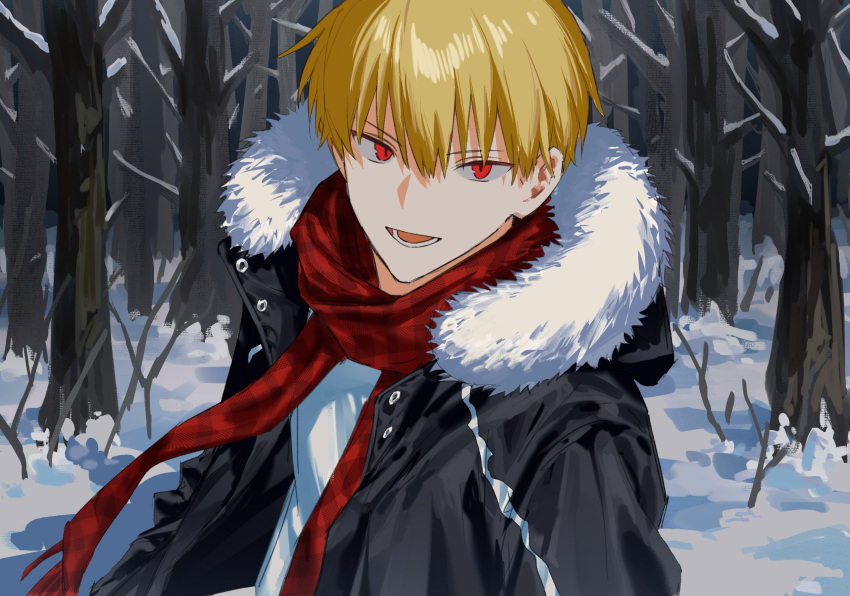 1boy, black_jacket, blonde_hair, fate/stay_night, fate_(series), forest, fur-trimmed_jacket, fur_trim