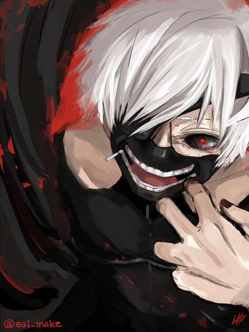 1boy, black_bodysuit, black_sclera, blood, blood_on_clothes, bodysuit, colored_sclera, commentary_request