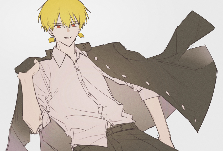 black_jacket, black_pants, blonde_hair, collared_shirt, earrings, fate/stay_night, fate_(series), hand_up