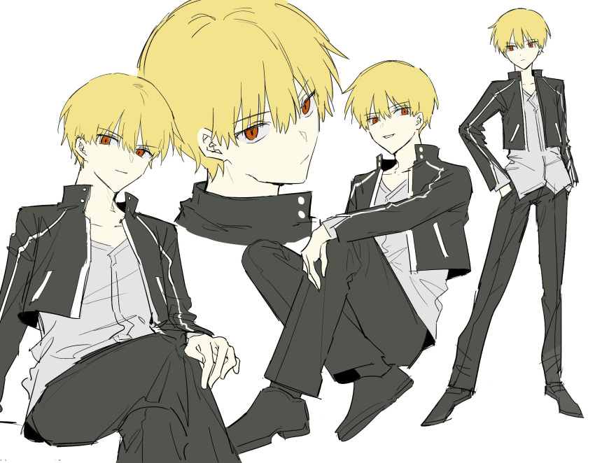 1boy, black_jacket, black_pants, black_shoes, blonde_hair, cropped_jacket, crossed_legs, explosion