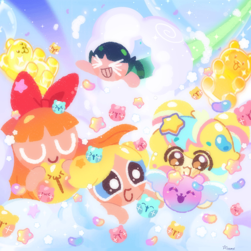 >_<, 1other, 3girls, black_hair, blonde_hair, blossom_cookie, blue_eyes, bow