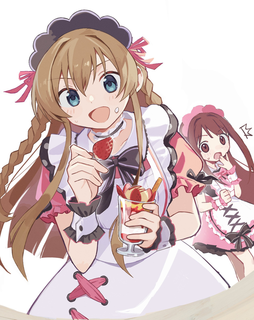 2girls, absurdres, apron, black_bow, black_bowtie, blue_eyes, bow, bowtie