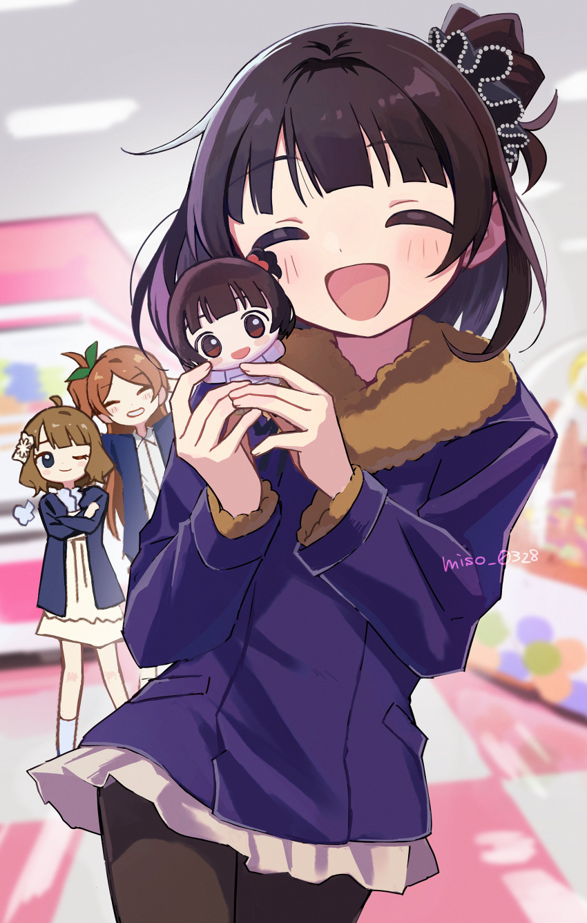 3girls, :d, absurdres, artist_name, black_hair, black_pantyhose, blue_jacket, brown_hair