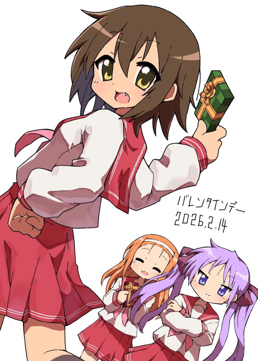 3girls, :d, ^_^, bow, box, brown_hair, closed_eyes, commentary_request
