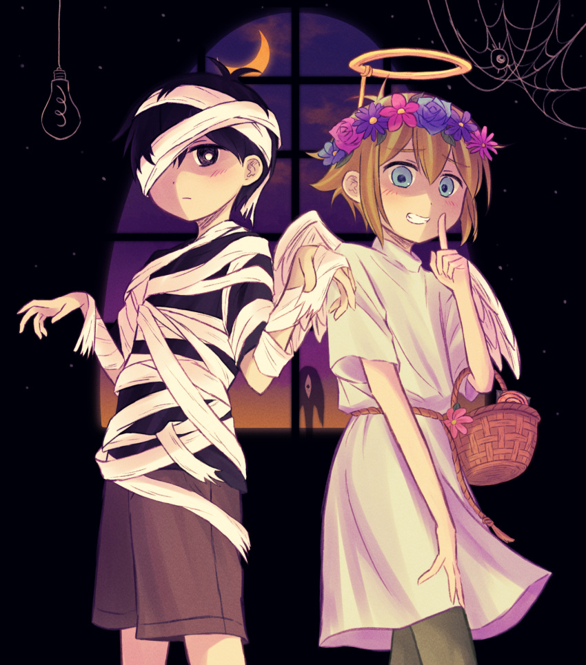 2boys, angel_wings, antenna_hair, basil_(faraway)_(omori), basil_(omori), basket, black_eyes, black_hair, black_shirt, blonde_hair, bright_pupils, brown_shorts, closed_mouth, commentary_request, expressionless, fake_halo, fake_wings, flower, flower_wreath, grin, halloween_costume, halo, head_wreath, highres, holding, holding_basket, index_finger_raised, looking_at_viewer, male_focus, multiple_boys, mummy_costume, omori, parted_lips, revision, segue5o, shirt, short_sleeves, shorts, smile, something_(omori), sunny_(omori), teeth, white_pupils, wings