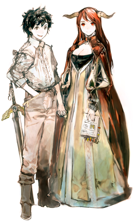 breasts, cleavage, dress, hand_holding, holding_hands, horns, maou_(maoyuu), maoyuu, maoyuu_maou_yuusha, red_eyes, red_hair, redhead, sword, toi8, weapon, yuusha_(maoyuu)