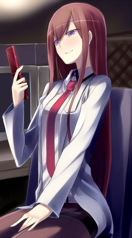 blush, cellphone, chair, coat, computer, kumadano, labcoat, long_hair