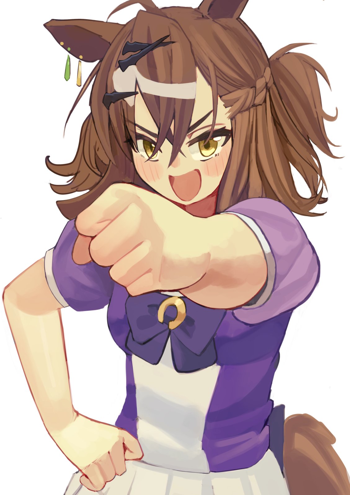 1girl, animal_ears, blush, breasts, brown_hair, clenched_hand, earrings, hair_ornament
