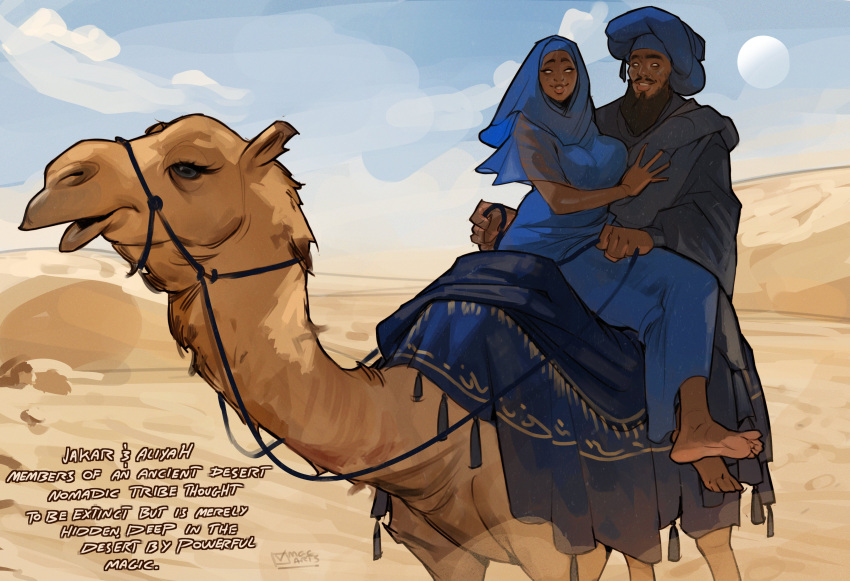 1boy, 1girl, absurdres, barefoot, beard, blue_dress, blue_hijab, blue_turban