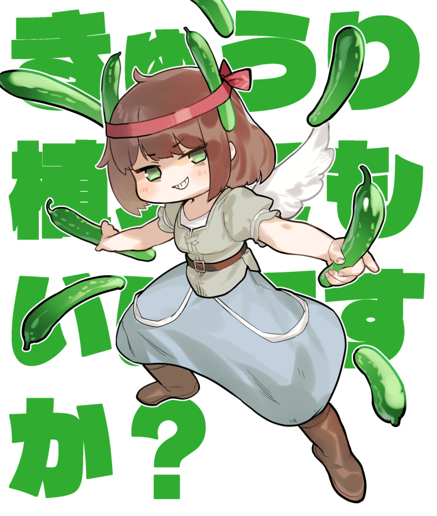 1girl, brown_hair, commentary_request, cucumber, green_eyes, grin, headband, highres