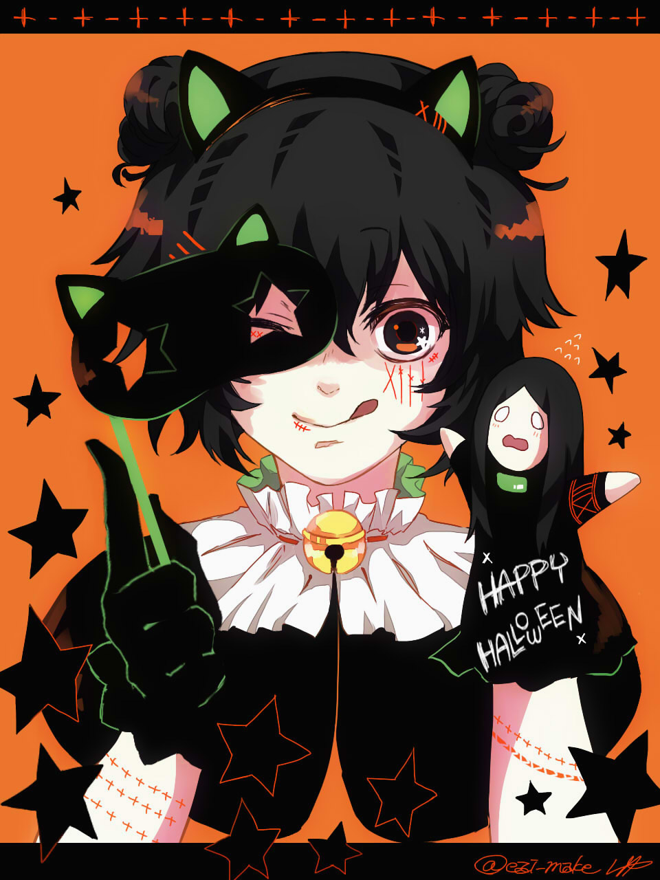 1boy, :q, abara_hanbee, animal_ear_hairband, animal_ears, bell, black_gloves, black_hair, cat_ear_hairband, cat_ears, character_puppet, closed_mouth, commentary_request, double_bun, fake_animal_ears, gloves, hair_bun, hair_ornament, hairband, hairclip, hand_puppet, happy_halloween, highres, holding, holding_mask, jingle_bell, looking_at_viewer, male_focus, mask, masquerade_mask, neck_bell, one_eye_covered, orange_background, parallel_hairclips, portrait, puppet, shishi_(eai_make), short_hair, signature, solo, star_(symbol), stitched_arm, stitched_face, stitches, straight-on, suzuya_juuzou, tokyo_ghoul, tokyo_ghoul:re, tongue, tongue_out, twitter_username