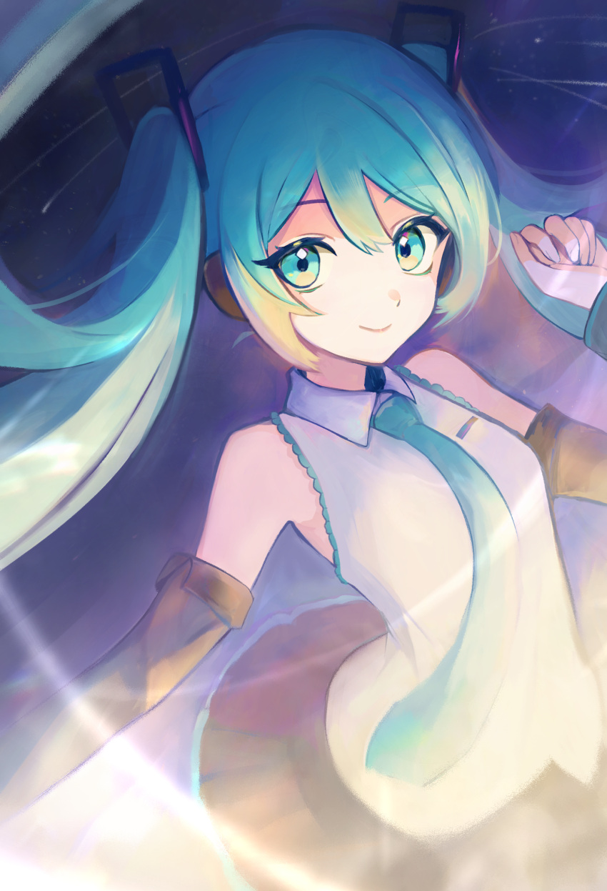 1girl, aqua_eyes, aqua_hair, aqua_necktie, aqua_trim, arm_at_side, black_skirt, black_sleeves