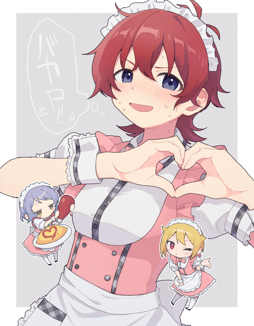 3girls, absurdres, anger_vein, apron, blonde_hair, blowing_kiss, blue_eyes, blush