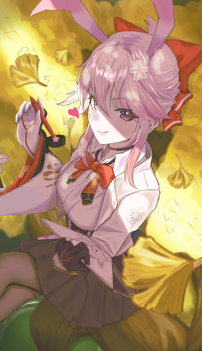 1girl, absurdres, animal_ears, asymmetrical_gloves, black_gloves, black_pantyhose, black_skirt, bow, bowtie, breasts, commentary_request, crossed_legs, evanescia_(honkai:_star_rail), fox_ears, fox_girl, gloves, heart, highres, holding, holding_pen, honkai:_star_rail, honkai_(series), kuroro_0427, large_breasts, licking_lips, looking_at_viewer, medium_hair, mismatched_gloves, pantyhose, pen, pink_hair, red_bow, red_bowtie, shirt, sitting, skirt, smile, solo, tongue, tongue_out, violet_eyes, white_gloves, white_shirt