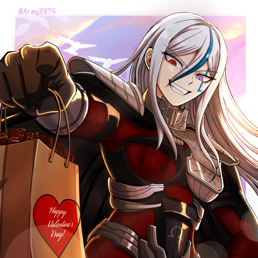 1girl, absurdres, armor, armyx879, artist_name, bag, black_bodysuit, black_cape