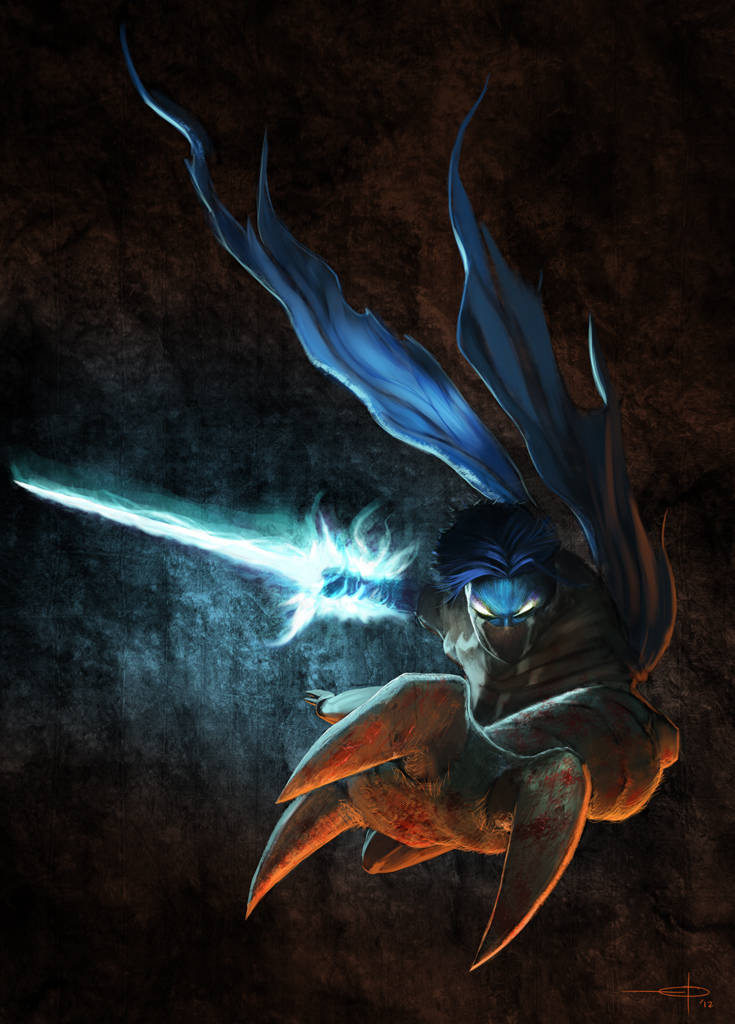 1boy, black_background, black_hair, blue_skin, brown_background, brown_scarf, claws, colored_skin
