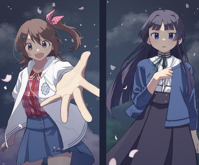 2girls, :d, absurdres, black_hair, black_skirt, blue_eyes, blue_jacket, blue_skirt