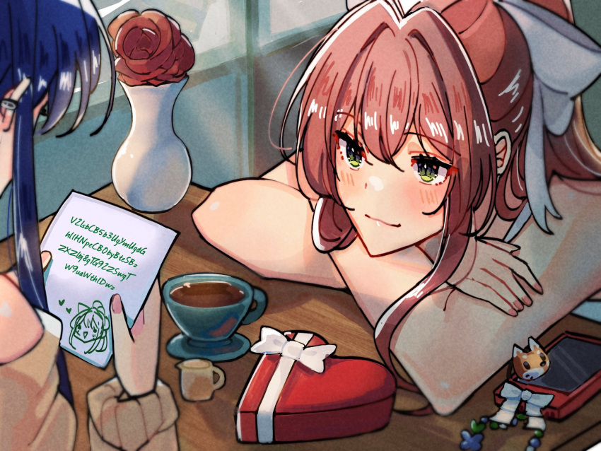 2girls, arms_on_table, blue_hair, bow, box, brown_hair, cellphone, cellphone_charm