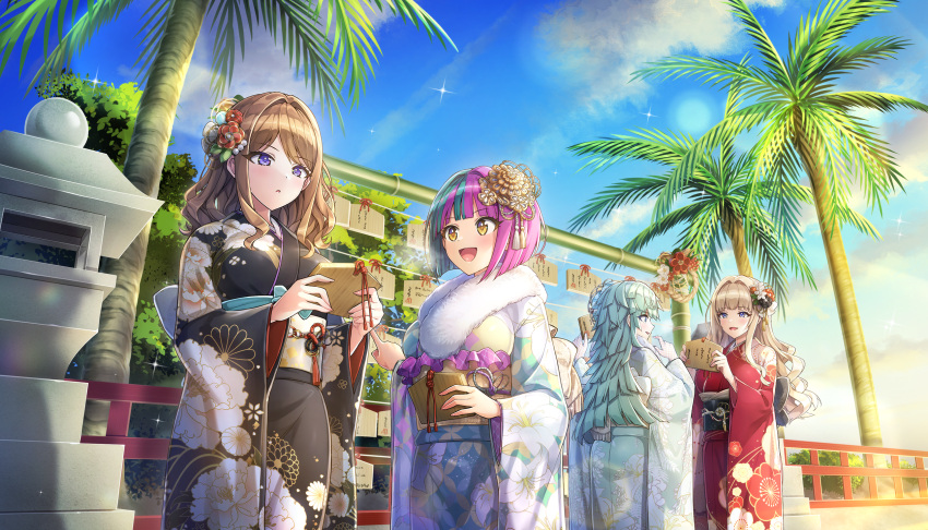 :d, :o, aqua_kimono, black_kimono, blonde_hair, blue_sky, bob_cut, brown_hair