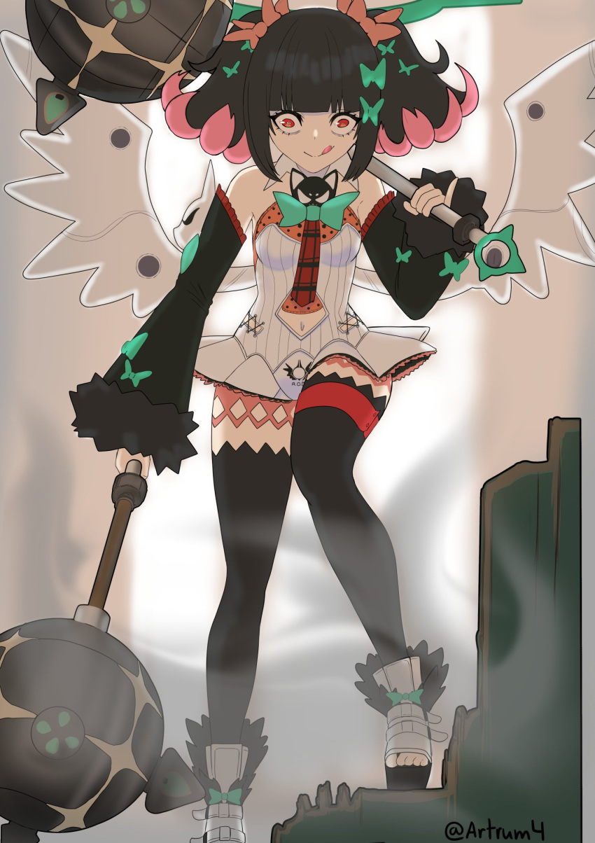 angel_wings, artrum4, bare_shoulders, black_hair, black_thighhighs, colored_inner_hair, commentary, detached_sleeves
