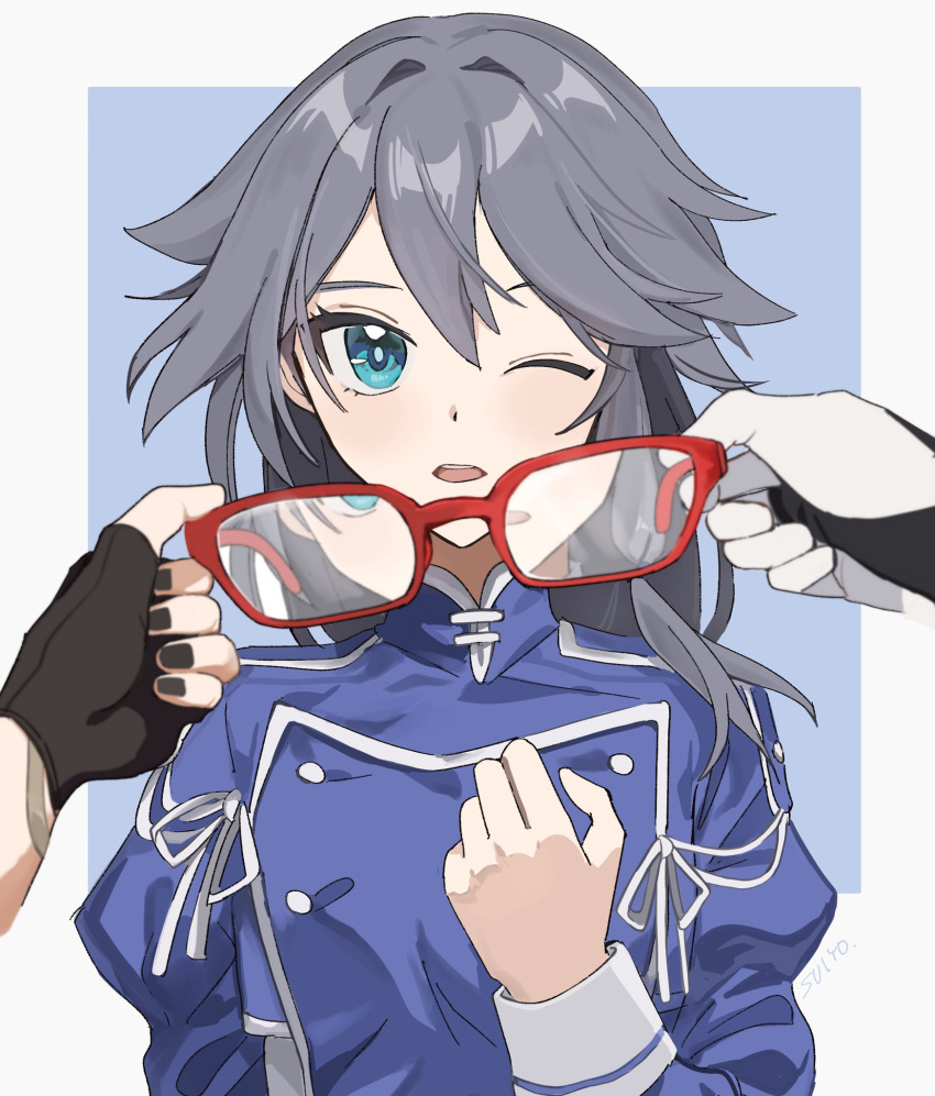 2girls, black_gloves, black_nails, blue_background, blue_dress, blue_eyes, border, commentary_request
