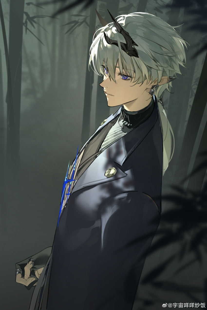 1boy, absurdres, ardashir_(arknights), arknights, arknights:_endfield, bamboo, bamboo_forest, black_bridal_gauntlets
