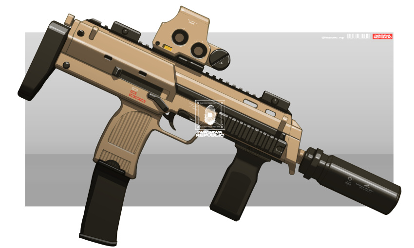 absurdres, commentary_request, grey_background, gun, h&amp;k_mp7, highres, iwasawayuki, no_humans