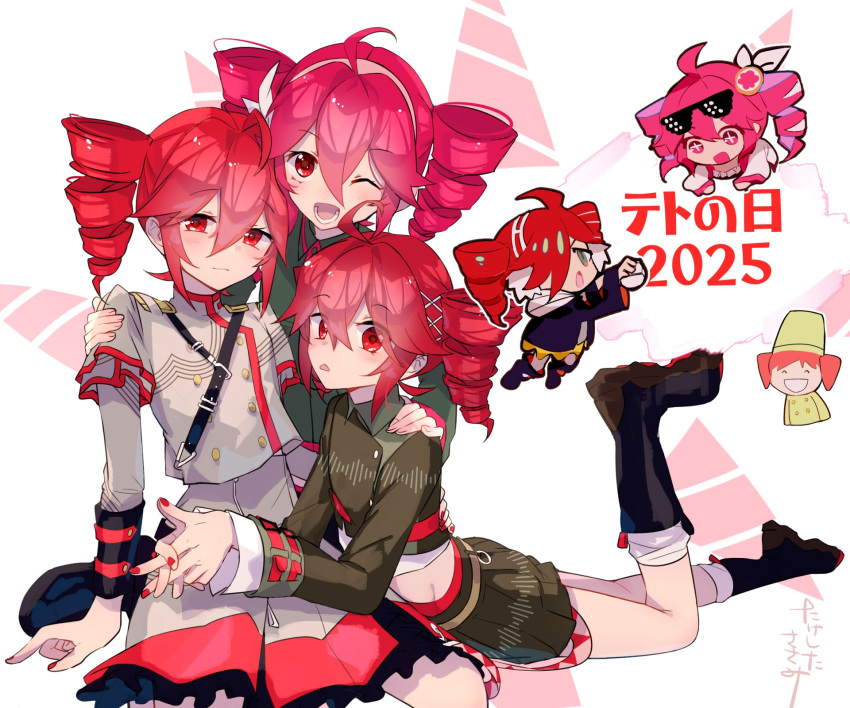 6+girls, ahoge, artist_name, black_boots, black_jacket, black_skirt, boots, chibi