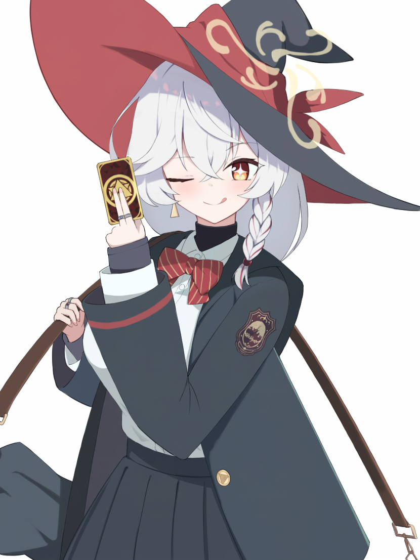 1girl, black_jacket, blue_archive, blush, bow, breasts, card, collared_shirt, commentary_request, diagonal-striped_bow, diagonal-striped_clothes, eri_(blue_archive), hair_between_eyes, halo, hat, hat_ribbon, holding, holding_card, jacket, jewelry, kuu002244, large_breasts, long_hair, long_sleeves, looking_at_viewer, multiple_rings, one_eye_closed, red_eyes, red_ribbon, ribbon, ring, shirt, simple_background, smile, striped_bow, striped_clothes, tilted_halo, upper_body, white_background, white_shirt, witch_hat, yellow_halo