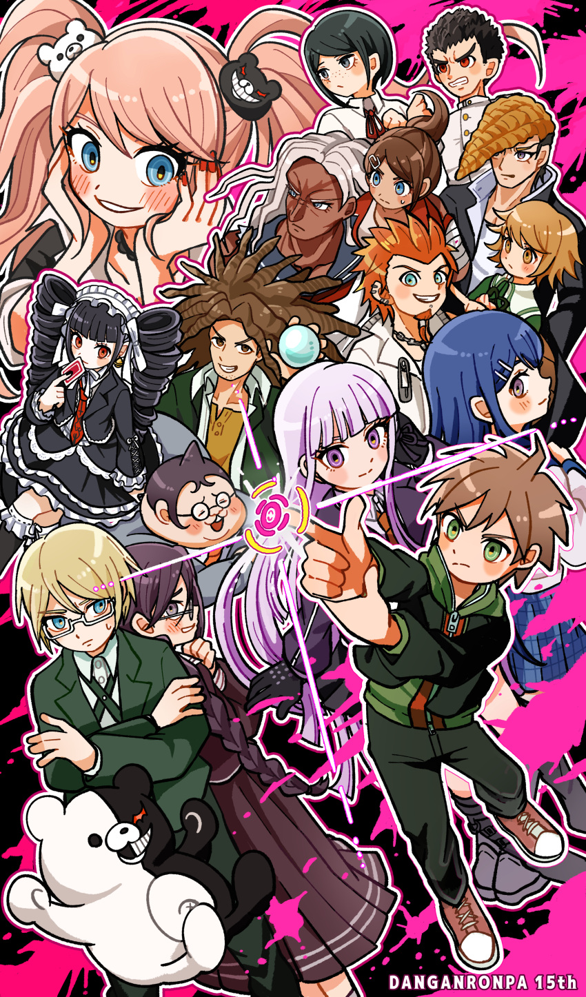 6+boys, 6+girls, absurdres, anniversary, asahina_aoi, black_hair, blue_eyes, blue_hair, blunt_bangs, blush, braid, brown_hair, card, celestia_ludenberg, commentary_request, crystal_ball, danganronpa:_trigger_happy_havoc, danganronpa_(series), drill_hair, enoshima_junko, eyelashes, facial_hair, finger_gun, freckles, fujisaki_chihiro, fukawa_toko, gakuran, glasses, goatee, green_eyes, grin, hagakure_yasuhiro, highres, holding, holding_card, hood, hood_down, hoodie, ikusaba_mukuro, ishimaru_kiyotaka, kirigiri_kyoko, kuwata_leon, long_skirt, maizono_sayaka, monokuma, multiple_boys, multiple_girls, naegi_makoto, ogami_sakura, orange_hair, owada_mondo, pannomimi0301, pompadour, purple_hair, red_nails, red_ribbon, ribbon, round_eyewear, safety_pin, sailor_collar, school_uniform, short_hair, skirt, smile, spoilers, togami_byakuya, trap, twin_drills, twintails, yamada_hifumi