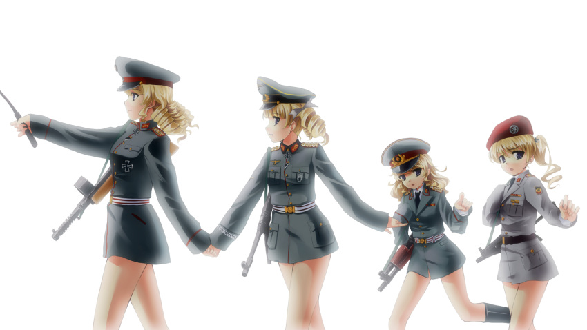 blonde_hair, blue_eyes, boots, cold_war, copyright_request, drill_hair, gun, hand_holding, hat, highres, holding_hands, iron_cross, long_hair, military, military_uniform, mizuki_ame, multiple_girls, no_pants, open_mouth, pointing, ponytail, present_time, short_hair, sleeves_past_wrists, smile, uniform, weapon, world_war_1, world_war_2