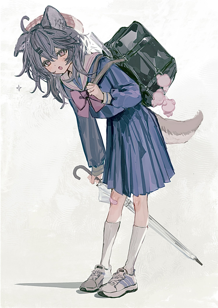 1girl, ahoge, animal_ears, bag, bag_charm, bandaid, bandaid_on_knee, bandaid_on_leg