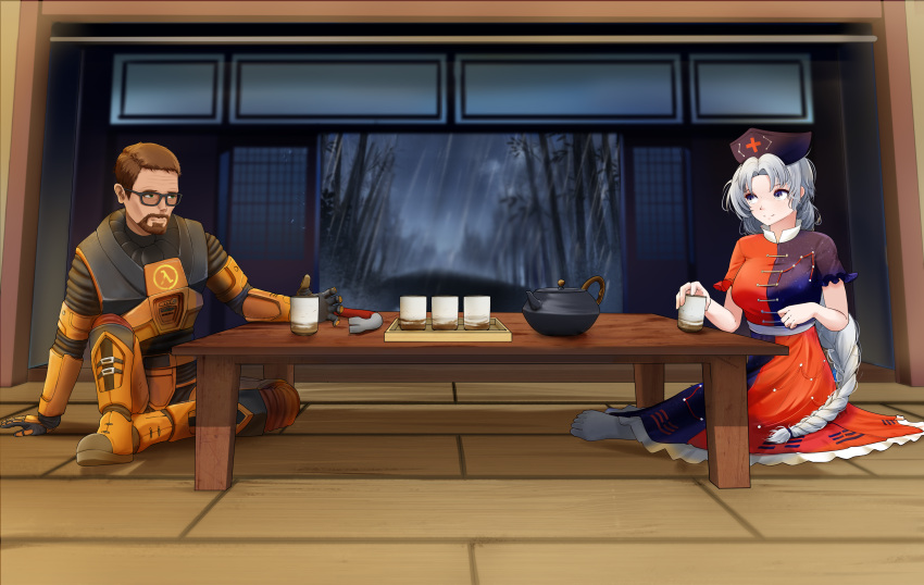 1boy, 1girl, absurdres, armor, bamboo, bamboo_forest, beard, boots, braid, breasts, brown_hair, commentary, commission, crossover, crowbar, cup, deryuuter, dress, eientei, english_commentary, facial_hair, forest, glasses, gloves, gordon_freeman, grey_eyes, grey_hair, half-life_(series), hat, hev_suit, highres, holding, holding_cup, indoors, lambda_symbol, large_breasts, long_hair, multicolored_dress, nature, nurse_cap, on_floor, orange_armor, orange_boots, orange_gloves, power_armor, rain, smile, socks, table, teapot, touhou, very_long_hair, weapon, white_socks, wooden_floor, yagokoro_eirin