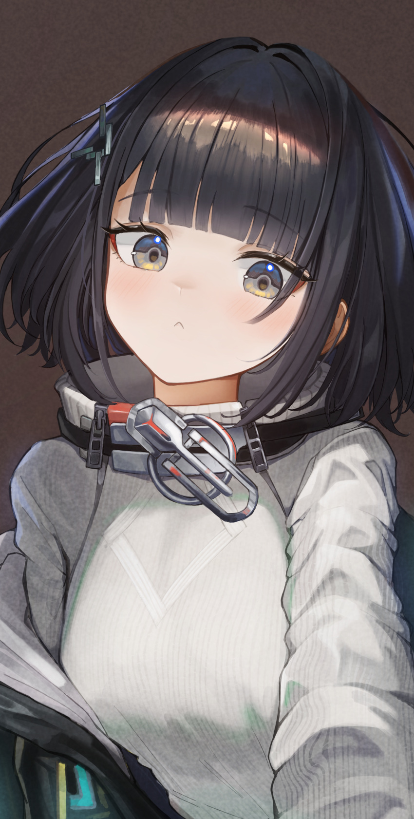 1girl, :<, absurdres, arknights, arknights:_endfield, black_eyes, black_hair, blunt_bangs